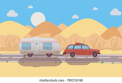 Road trip. Time to travel banner with car, sands. Flat design