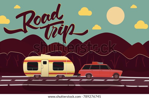 Road trip. Time to travel banner night.  Flat design.\
Travel with car