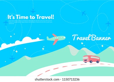 Road trip. It’s Time to Travel text. Travel concept background. Flat design vector illustration