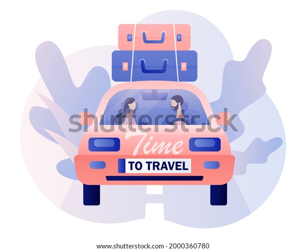 Road trip. Time to travel. Tiny people in the\
car go camping. Tourism. Trip to world. Tour. Suitcase, world map\
and tourism set. Modern flat cartoon style. Vector illustration on\
white background