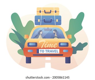 Road trip. Tiny people in the car go camping. Time to travel. Tourism. Trip to world. Tour. Suitcase, world map and tourism set. Modern flat cartoon style. Vector illustration on white background