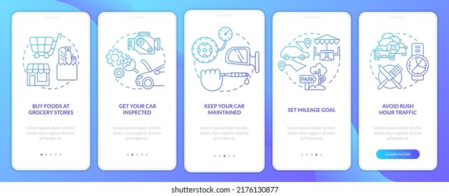 Viaje por carretera da consejos a la pantalla de aplicación móvil con gradiente azul. Recorrido de viaje en coche 5 pasos instrucciones gráficas con conceptos lineales. UI, UX, plantilla GUI. Multitud de tipos de letra Pro-Bold, con uso regular