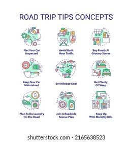Road trip tips concept icons set. Planning travel. Car adventure recommendations idea thin line color illustrations. Isolated symbols. Editable stroke. Roboto-Medium, Myriad Pro-Bold fonts used