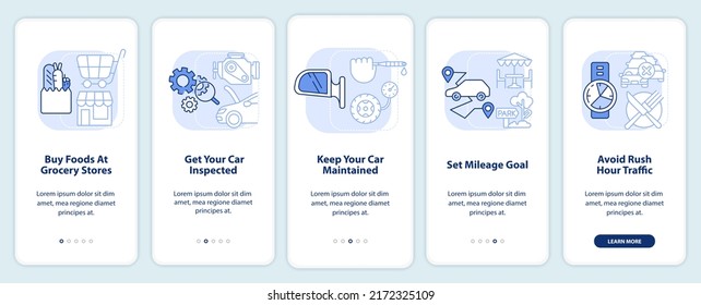 Viaje por carretera consejos de la pantalla de aplicación móvil de inicio en azul claro. Recorrido de viaje en coche 5 pasos instrucciones gráficas editables con conceptos lineales. UI, UX, plantilla GUI. Multitud de tipos de letra Pro-Bold, con uso regular