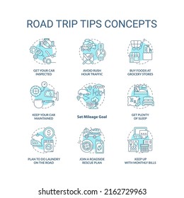 Viaje por carretera da consejos sobre el conjunto de iconos de concepto turquesa. Planificación de recomendaciones de aventuras de coches idea ilustraciones en color de línea delgada. Símbolos aislados. Trazo editable. Fuentes Roboto-Medium, Myriad Pro-Bold utilizadas