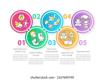 Road trip with toddlers tips circle infographic template. Data visualization with 5 steps. Editable timeline info chart. Workflow layout with line icons. Myriad Pro-Regular font used