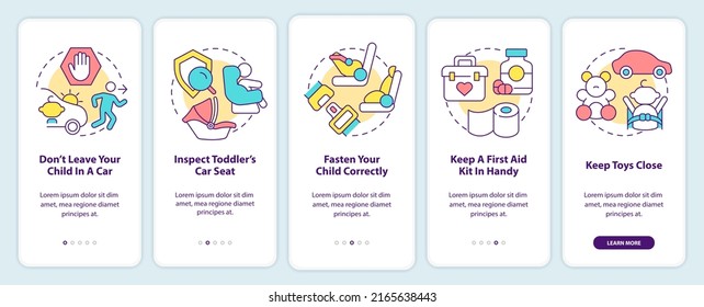 Road trip with toddlers tips onboarding mobile app screen. Walkthrough 5 steps editable graphic instructions with linear concepts. UI, UX, GUI template. Myriad Pro-Bold, Regular fonts used