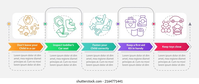 Viaje por carretera con pequeños consejos planea planilla infográfica rectangular. Visualización de datos con 5 pasos. Gráfico de información de línea de tiempo editable. Diseño de flujo de trabajo con iconos de línea. Multitud de tipos de letra Pro-Bold, con uso regular