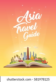 Road trip. Tourism. Open book with landmarks. Asia Travel Guide. Advertising web illustration. Summer vacation. Modern flat design. EPS 10. #2