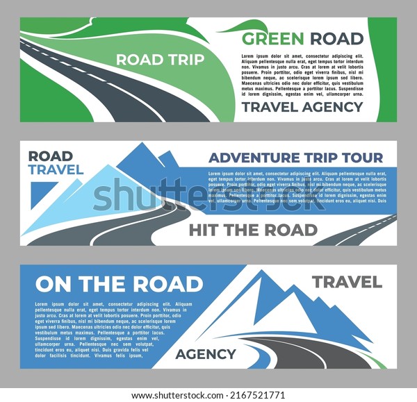 Road trip travel banners of city journey with\
highway vector background for tourism agency. Business travel\
summer tours and raod tourism banners with flat landscape of\
mountains and pathway\
road