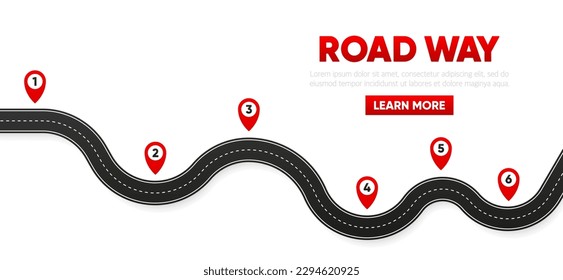 Road trip and travel itinerary. Road map and travel route infographic template. Road winding timeline. Vector illustration.