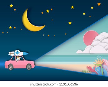 Road trip to travel on beach  background . paper art style.