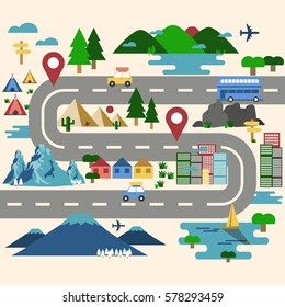 Road trip travel route map with landmark location