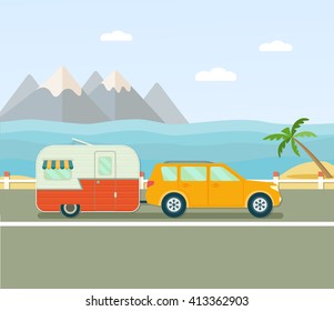 Road trip. Travel trailer and car. Sea view. Vacation poster concept. Flat vector illustration