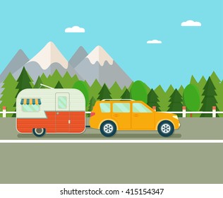 Road trip. Travel trailer and suv. Forest landscape. Vacation poster concept. Flat vector illustration