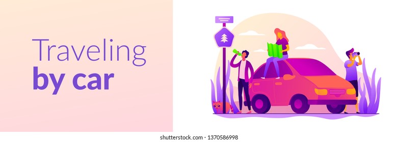 Road trip, road traveling journey, traveling by car concept. Vector banner template for social media with text copy space and infographic concept illustration.