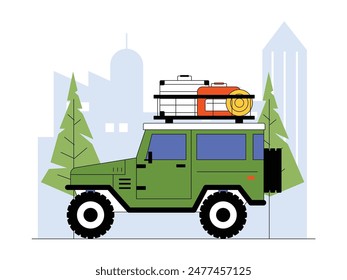 Road trip using adventure car and vacation equipment, vector illustration.