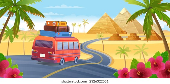  Road trip vacation by car on highway to the pyramids. Summer landscape with red car with luggage, palm, Egyptian pyramids and flowers, vector cartoon illustration 