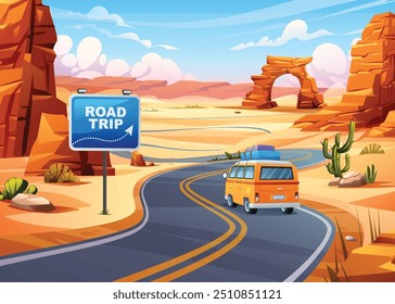 Road trip vacation by car through curvy desert road, past rock formations and road signs. Vector cartoon illustration