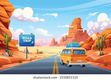 Viajar de carro pela pitoresca estrada do deserto, cercada por formações rochosas e cactos. Ilustração de desenho animado vetorial