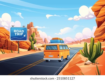 Viajar de carro pela estrada do deserto com paisagens de cactos e rochosas. Ilustração de desenho animado vetorial