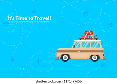 Road trip. Vacation elements. It’s Time to Travel text. Travel concept background. Flat design vector illustration