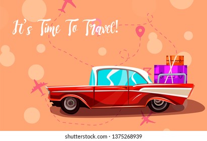 Road trip. Vacation elements. It’s Time to Travel text. Cartoon design vector illustration.