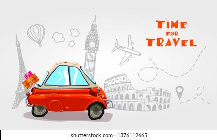 Road trip. Vacation elements. Time for Travel. Cartoon design vector illustration.