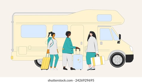 Road trip vacation. Friends travelling by caravan rv. Tree students standing with camper trailer. Summer holiday journey. Vector flat illustration.