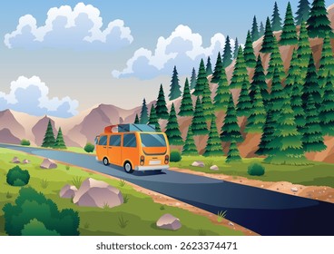 Road trip vacation, travel by car. Driving on way for camping in nature, forest. Summer holiday adventure. Background of beautiful mountain landscape with rocky cliffs. Flat vector illustration