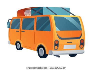 Road trip vacation, travel by car. Driving on way for camping in nature. Summer holiday adventure. Flat vector illustration