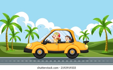 Road trip vacation with yellow car illustration