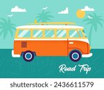 Road Trip Van Tropical Concept. Vector Illustration of Flat Car for Surf Leisure. 