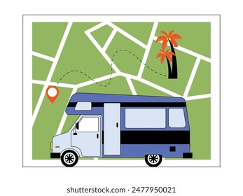 Road trip in a van to a vacation spot, vector illustration.