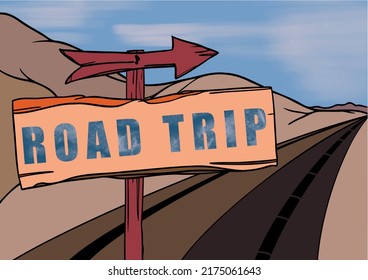 Road trip vector art with mountain view and carriageway.