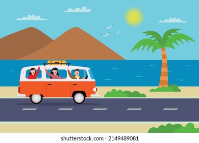 Road trip vector concept. Group of young people enjoying road trip while driving a van on the road with beach background