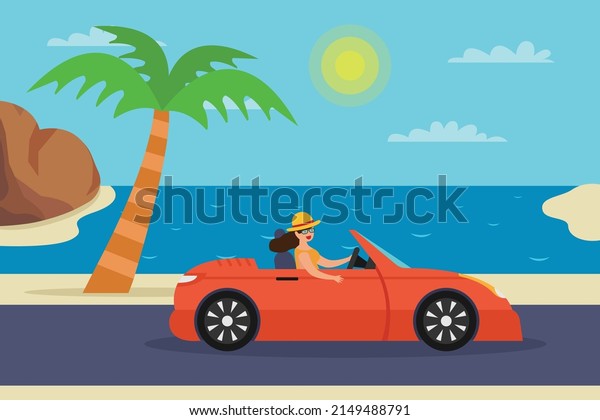 Road trip vector\
concept. Young woman enjoying road trip while driving a car on the\
road with beach\
background