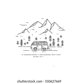 Road trip vector flat line illustration. Minivan with mountain landscape. Adventure and Travel concept.