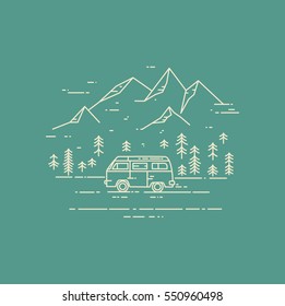 Road trip vector flat line illustration on green background. Minivan with mountain landscape. Adventure and Travel concept.