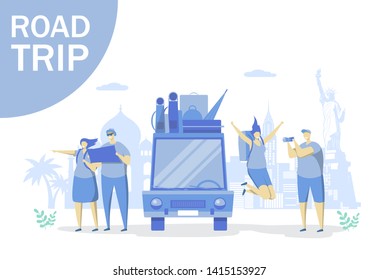 Road trip vector flat style design illustration. World travel by car, summer vacation concept with characters for web banner, website page etc.