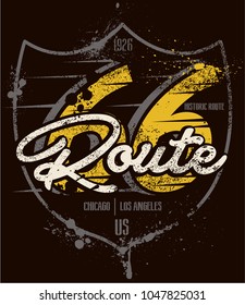 Road Trip Vector Graphic Route 66 Have A  Yellow Numbers And Strong Shield On The Black Background And It Have Splash Effects For Motorsport Fans T-shirts