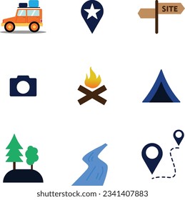 Road trip vector icons in a fun and playful style, representing the excitement and adventure of a road trip. Use bold outlines and vibrant colors to make the icons visually appealing.
