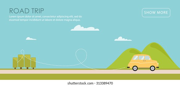 Road trip. Vector illustration in the flat style of a car with nature landscape: clouds, mountains, road, trees. Colorful concept perfect for web design, banners, advertising.