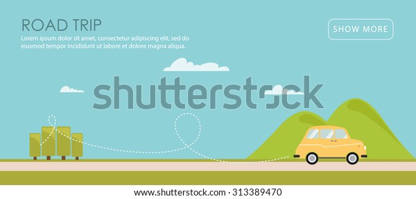 Road trip. Vector\
illustration in the flat style of a car with nature landscape:\
clouds, mountains, road, trees. Colorful concept perfect for web\
design, banners,\
advertising.