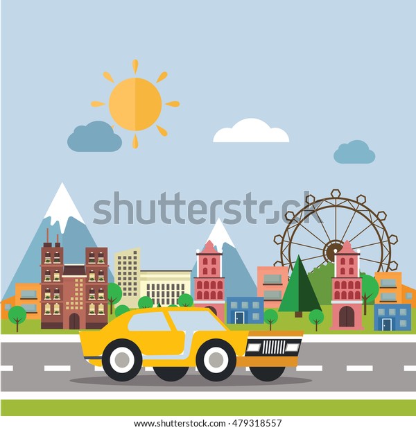 Road trip.\
Vector illustration in the flat style of a car with nature\
landscape: clouds, mountains,city, road, trees. Colorful concept\
perfect for web design, banners,\
advertising.
