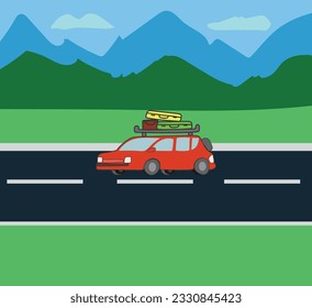 Road Trip vector illustration. red car Road Trip