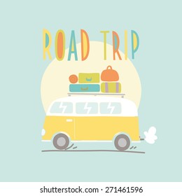 Road trip. Vector illustration of travel van