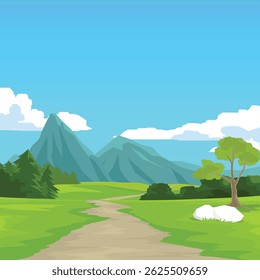 Road Trip Vector Poster square shape. Winding dirt road. Through bright green landscape with hills trees. Empty space background of blue sky with white clouds.