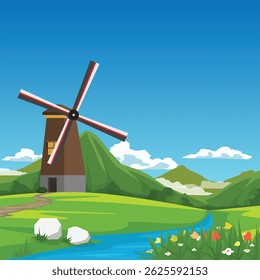 Road Trip Vector Poster square shape of Windmill House. Stream flowing through the hills. Front of grass and flower. Empty space background of mountain and  blue sky with white clouds.