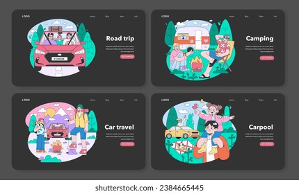 Road trip web banner or landing page night or dark mode set. People going on vacation by car. Characters driving automobile on holidays, traveling the world together. Flat vector illustration